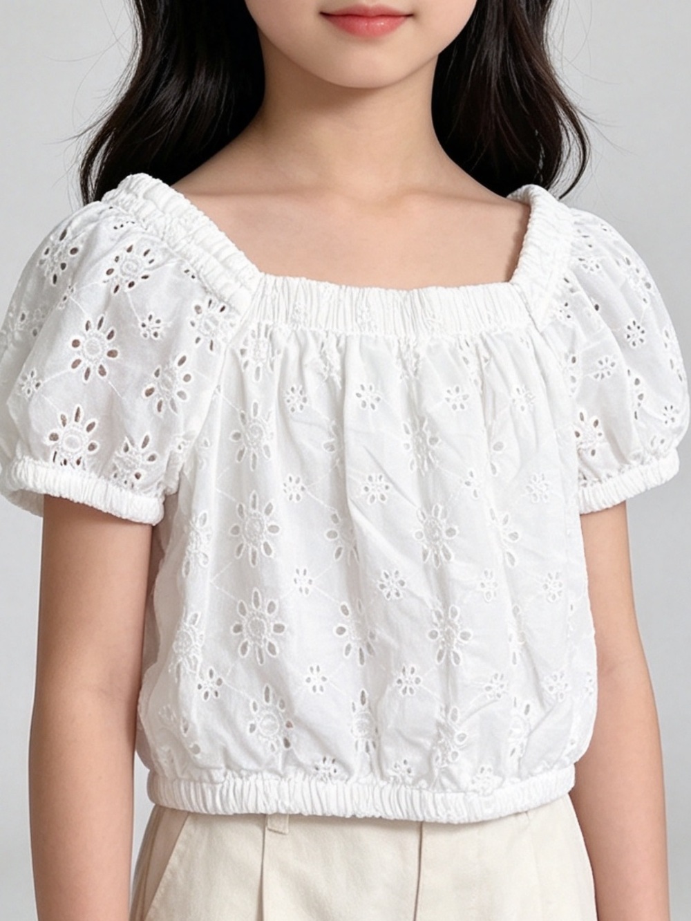 GAP Kids Girls White Eyelet Square Neck Short Sleeve Pullover Blouse XL (12)